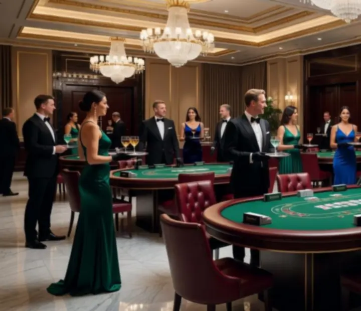 Luxusní společenský večer s herními stoly a elegantními hosty